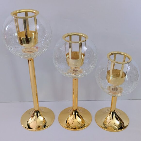 Home Essentials Brass Stem Tea Light Candle Holders Set Crackle Glass Globes - Picture 1 of 6